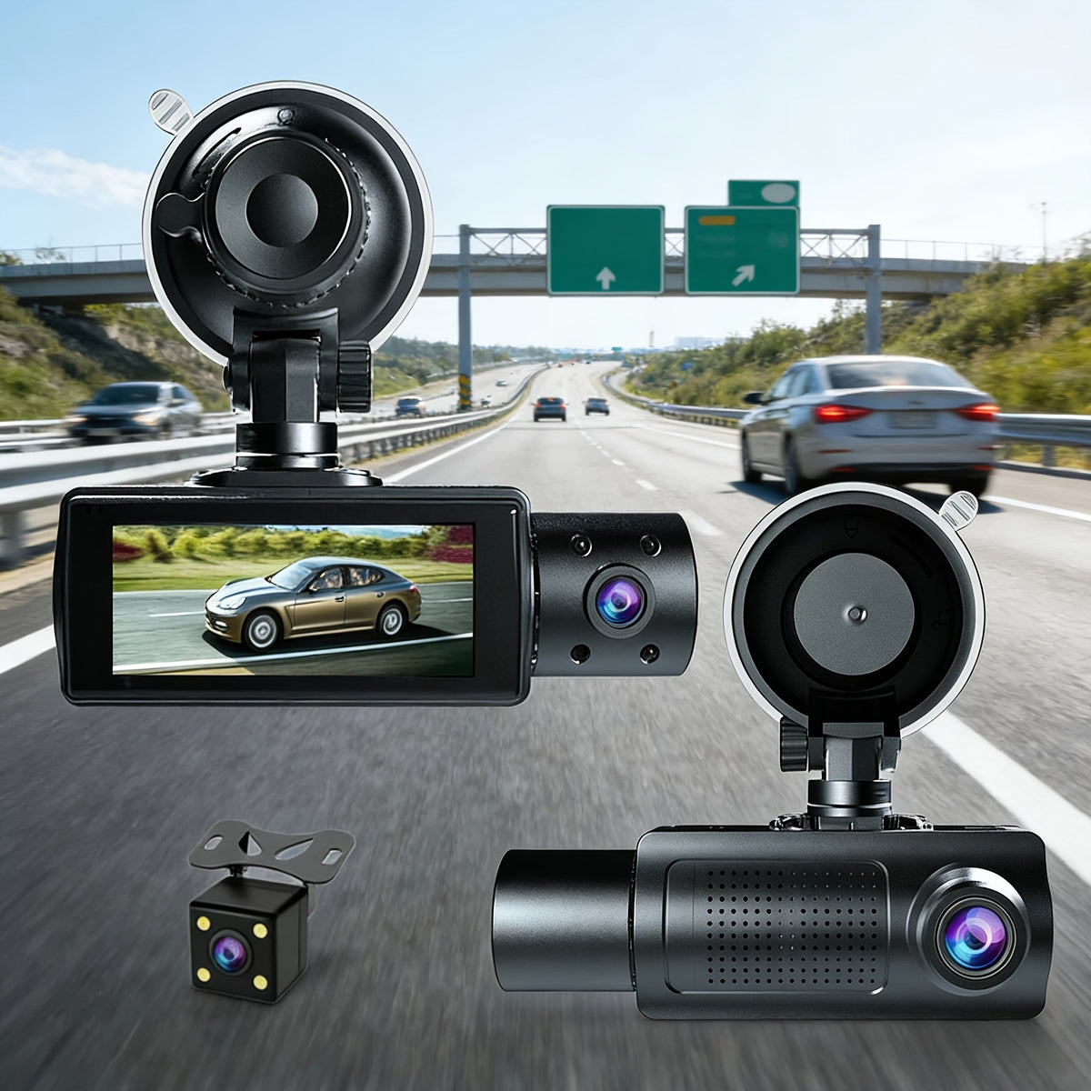 Dashcam 3 canaux avec vision nocturne infrarouge et application smartphone – Caméra avant, arrière et intérieure avec enregistrement en boucle, objectif grand angle, carte mémoire 64 Go/512 Go en option pour voitures, camions et covoiturage