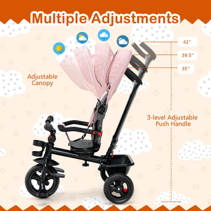 Tricycle 4-en-1 pour tout-petits avec poignée de poussée réglable et siège convertible, auvent amovible, harnais de sécurité et panier de rangement - Tricycle à pousser pour enfants de 18 à 60 mois, vélo rose à chevaucher pour filles