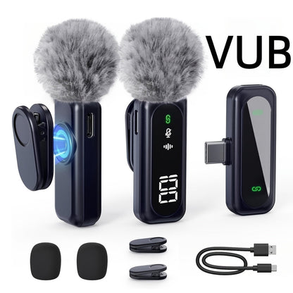 Wireless Lavalier Microphone USB-C 2.4G with DSP Noise Reduction, Digital Battery Display, 360° Omnidirectional Clip-On Lapel Mic, 100ft Range, Feather Windshield, Rotatable Magnetic Clip for iPhone, Android, Camera & Content Creators