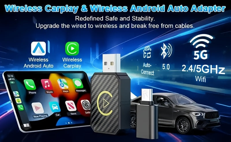 Mini adaptateur CarPlay sans fil, version améliorée 2025 – Dongle Plug & Play pour convertir le CarPlay filaire en sans fil pour Apple iPhone et Android, faible latence, connexion rapide et stable, aucune batterie requise, jeu de ports USB inclus