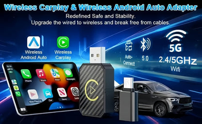 Mini adaptateur CarPlay sans fil, version améliorée 2025 – Dongle Plug & Play pour convertir le CarPlay filaire en sans fil pour Apple iPhone et Android, faible latence, connexion rapide et stable, aucune batterie requise, jeu de ports USB inclus