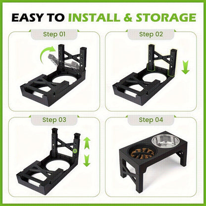 Support surélevé ajustable pour gamelles de chien avec lot de 3 gamelles – 5 hauteurs de 8,1 à 31 cm, 2 gamelles en acier inoxydable + gamelle anti-glouton pour petits, moyens et grands chiens, mangeoire surélevée noire ou grise