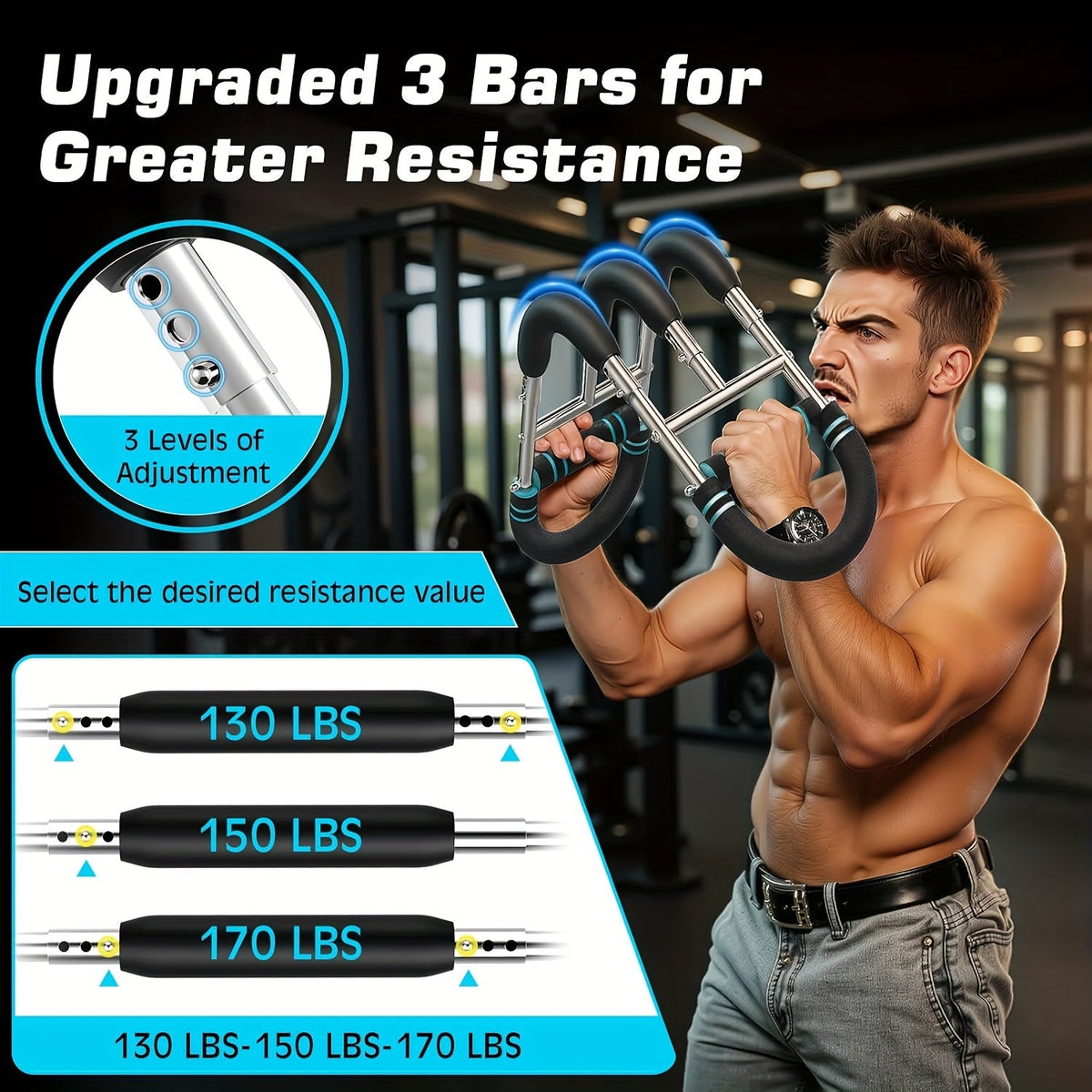 Appareil d'entraînement de la force des bras, extenseur de poitrine, barre à 3 niveaux de résistance réglables, extenseur portable et détachable pour renforcer les avant-bras, appareil de musculation pour le haut du corps à domicile