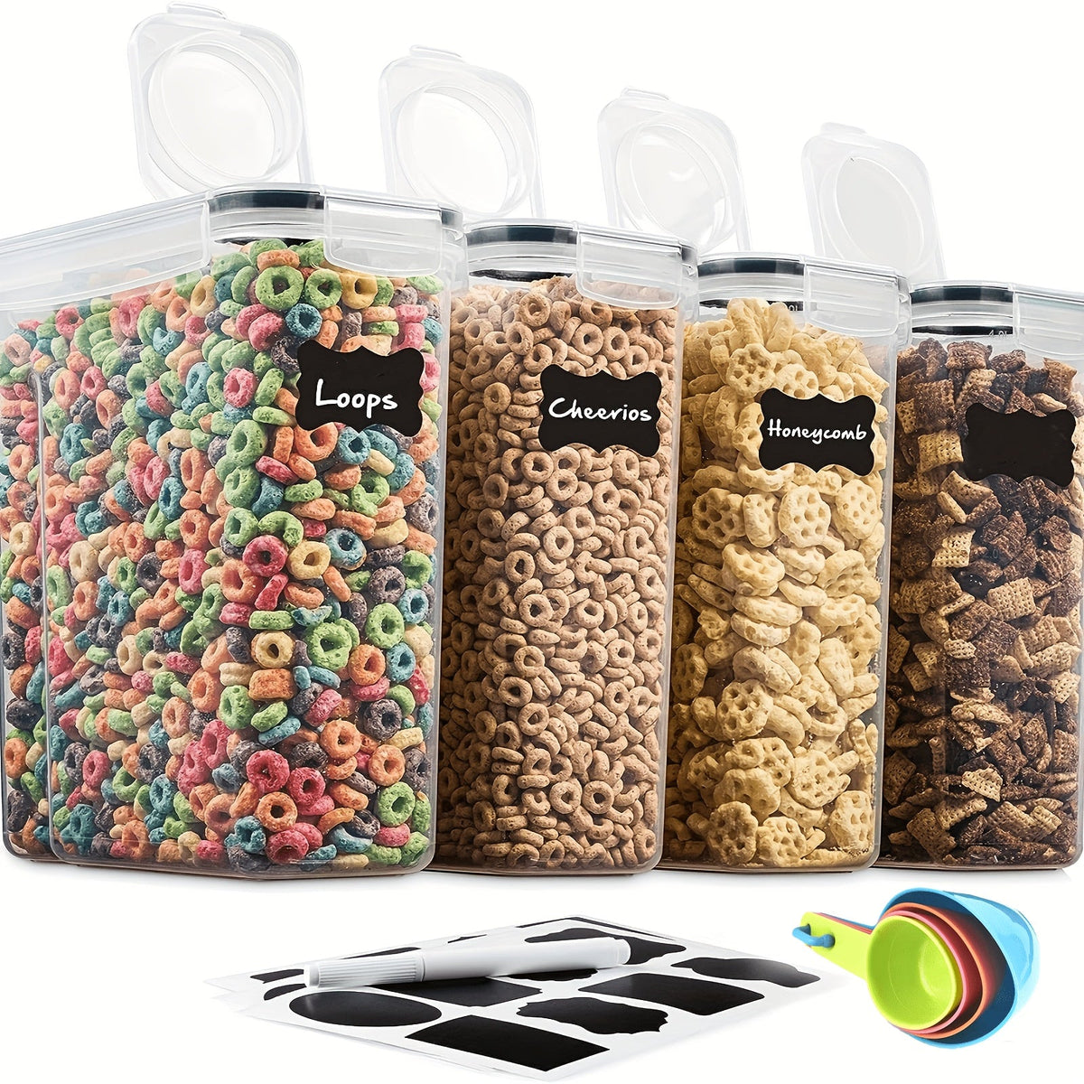 Lot de 4 grands récipients de conservation hermétiques de 4 L avec couvercles à bascule – Organiseur de garde-manger sans BPA pour céréales, riz, pâtes, farine et sucre | Inclut un verre doseur et 20 étiquettes