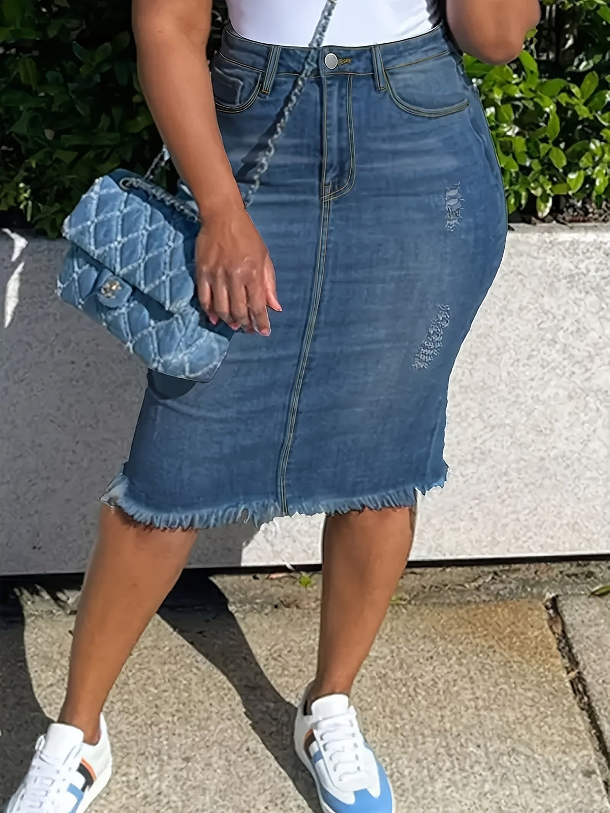 Jupe midi vintage taille haute en jean pour femme – Stretch, ourlet franc, aspect vieilli, lavable en machine, non transparente, bleu océan, tailles XS-XXL, jupe décontractée pour printemps, été et automne