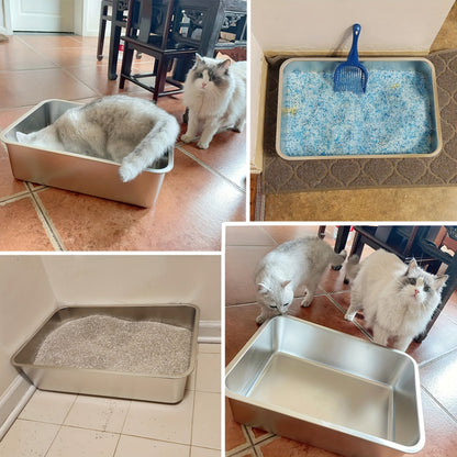 Bac à litière en acier inoxydable XL – Lot de 2 bacs en métal extra larges, bords hauts de 15 cm, facile à nettoyer, résistant aux odeurs, pour grands chats et foyers multi-chats, design rectangulaire adapté aux coins