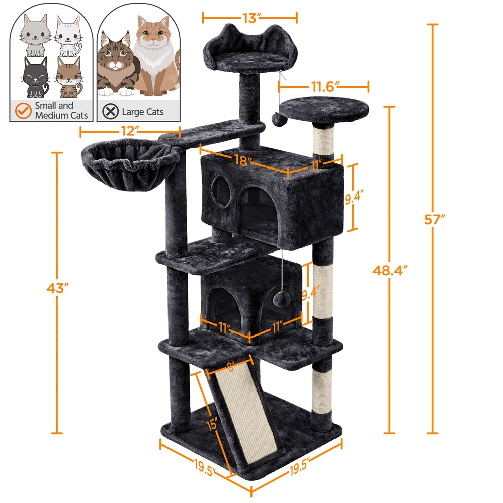 Arbre à chat multiniveaux de 145 cm avec 2 niches – poteaux à griffer en sisal, balle suspendue, plateforme ronde et échelle pour chatons et petits chats d'intérieur, 6 couleurs, cadeau de Noël pour les amoureux des chats