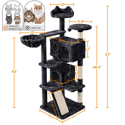 Arbre à chat multiniveaux de 145 cm avec 2 niches – poteaux à griffer en sisal, balle suspendue, plateforme ronde et échelle pour chatons et petits chats d'intérieur, 6 couleurs, cadeau de Noël pour les amoureux des chats