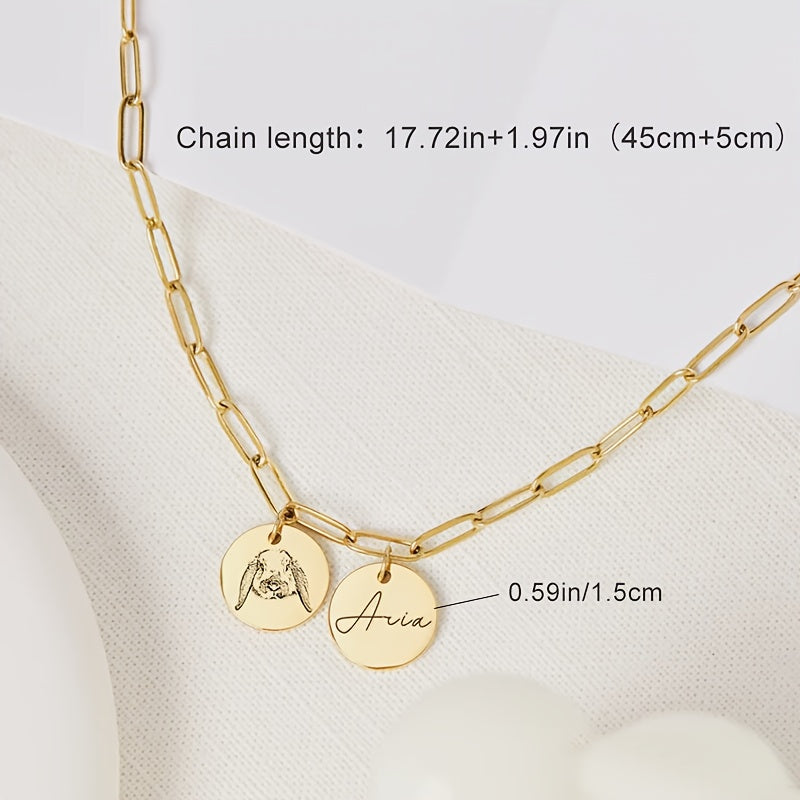 Collier portrait d'animal personnalisé - Pendentif double cercle sur chaîne trombone gravé avec portrait et nom de l'animal, cadeau commémoratif sur mesure pour amoureux des animaux et cadeau pour elle, à porter en toute saison (argent ou or)