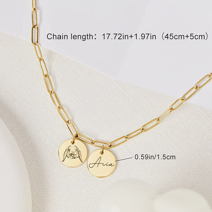 Collier portrait d'animal personnalisé - Pendentif double cercle sur chaîne trombone gravé avec portrait et nom de l'animal, cadeau commémoratif sur mesure pour amoureux des animaux et cadeau pour elle, à porter en toute saison (argent ou or)