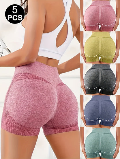 Lot de 5 shorts de yoga taille haute galbants pour femmes, shorts de cyclisme extensibles froncés avec contrôle du ventre - 85 % polyester respirant de couleur unie pour la salle de sport, le cyclisme, le fitness et la course à pied