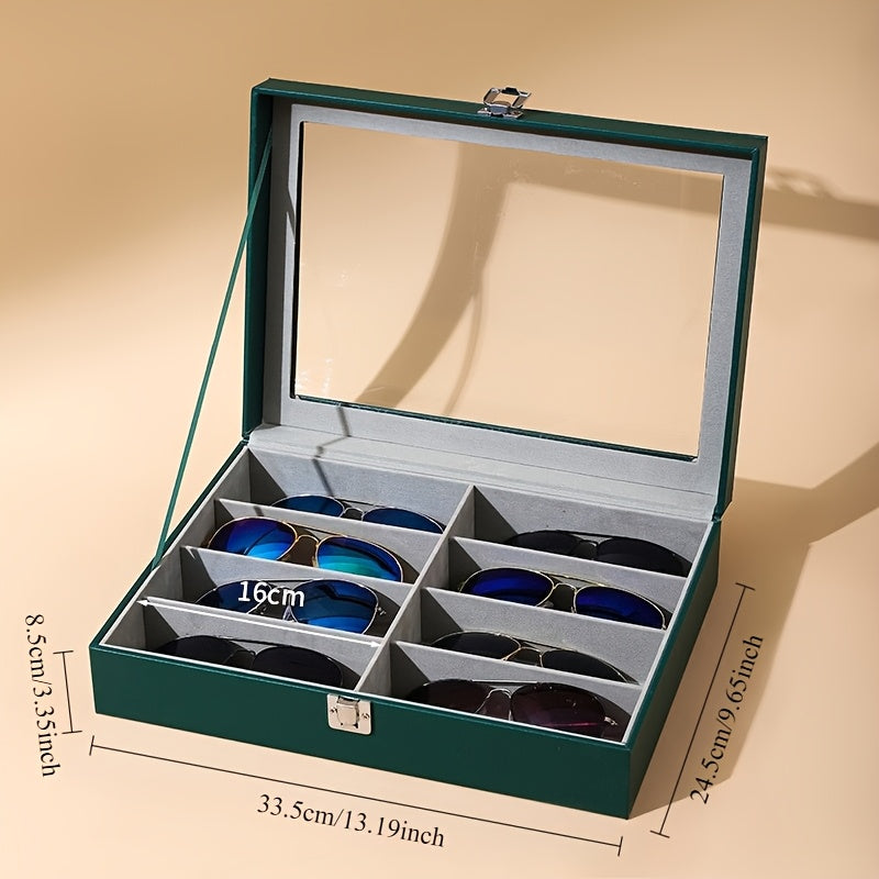Étui de rangement pour lunettes en cuir PU à 8 fentes – Boîte de rangement grande capacité pour lunettes de soleil et lunettes de lecture, présentoir de collection domestique de luxe en noir, blanc et vert
