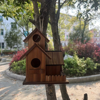 Nid d'oiseau extérieur en bois à 3 compartiments, nichoir rustique en bois naturel pour jardin, arrière-cour et terrasse – Nichoir artisanal pour petits oiseaux sauvages, décoration d'habitat naturel