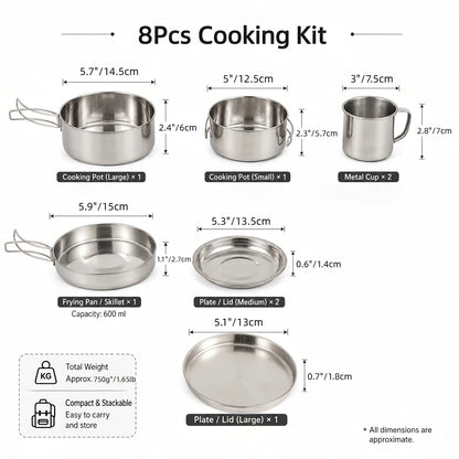 Kit de cuisine de camping 8/9/14/15 pièces, ensemble de cuisson portable antiadhésif en alliage d'aluminium avec bouilloire, casserole, poêle, assiettes et ustensiles, équipement de cuisine léger pour randonnée et voyage