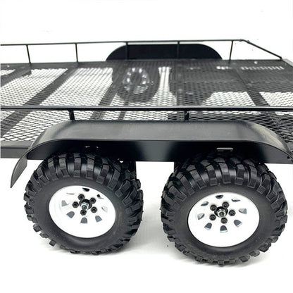 Remorque plateau en métal à double essieu à l'échelle 1/10 pour crawler RC – Compatible avec TRX4, KM2, SCX10, RC4WD, D90, longueur totale de 815 mm, capacité de charge de 50 kg+, accessoire de simulation pour voiture RC