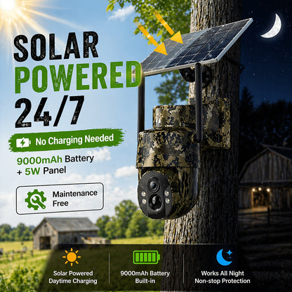 Caméra de surveillance solaire 4G LTE sans fil pour extérieur – Aucune connexion WiFi requise, vision nocturne 4K, vue en direct à 360°, audio bidirectionnel, caméra de chasse étanche pour la surveillance des fermes, ranchs et de la faune
