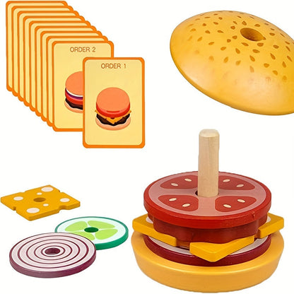 Ensemble de jeu de construction de hamburger en bois, jeu de motricité fine avec pièces alimentaires et cartes de commande, jouet Montessori d'imitation pour tout-petits de 3 ans et plus, cadeau d'anniversaire, d'Halloween, de Thanksgiving et de Noël