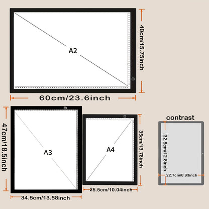 Tablette lumineuse LED A2 A3 A4 à luminosité réglable, double bande LED, table lumineuse pour diamond painting, croquis, dessin et art