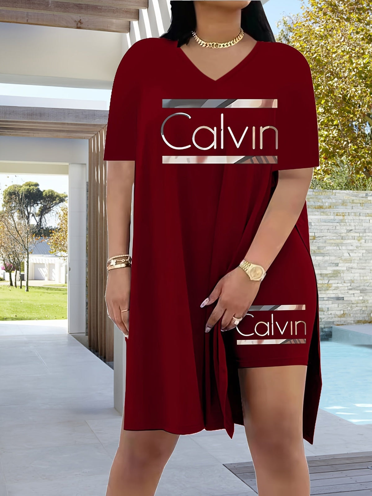 Ensemble de sport décontracté 2 pièces pour femme : t-shirt à col en V et manches courtes avec short fendu, tissu extensible pour la maison, le jogging, le shopping – lavable en machine, tailles S-XXL, fauve, bleu, noir, bordeaux, rose