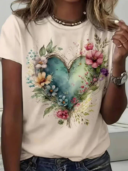 T-shirt à motif cœur floral pour femme, t-shirt graphique à fleurs aquarelle, manches courtes, col rond, haut décontracté ample, printemps été, blanc cassé, S-XXL