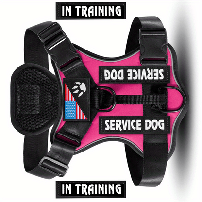 Harnais anti-traction pour chien avec gilet réfléchissant et 5 écussons – Harnais de service réglable en maille Oxford souple, avec attaches avant et arrière pour chiens de petite, moyenne et grande taille, de XS à XL
