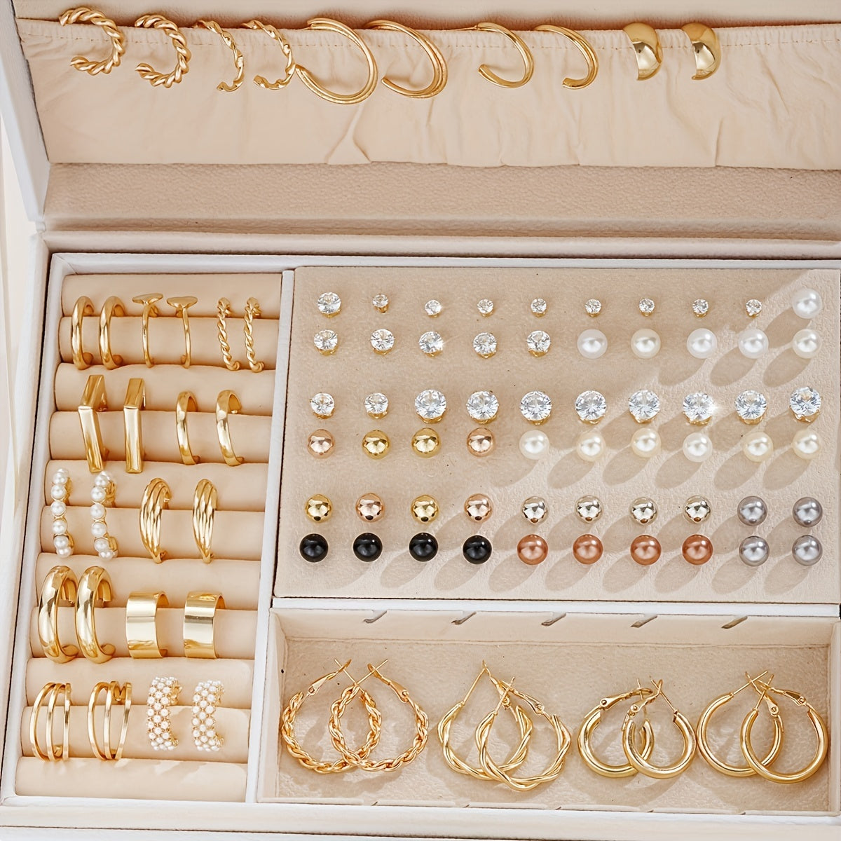 Lot de 108 boucles d'oreilles pour femmes, mélange de perles, strass, métal, clous géométriques et créoles - Ensemble de bijoux bohèmes pour le quotidien, les vacances, les rendez-vous, les fêtes et les cadeaux
