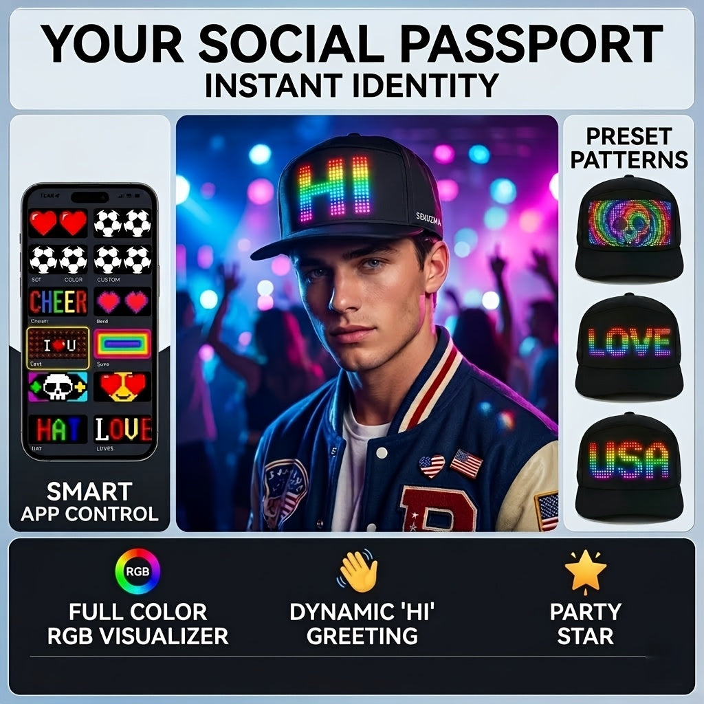 Casquette LED programmable contrôlée par application avec texte défilant et animation, casquette lumineuse unisexe réglable, intelligente, pour fête, mariage, Saint-Valentin, carnaval, festival, hommes et femmes