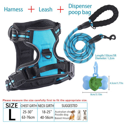 Ensemble harnais et laisse pour chien 4 pièces, gilet réfléchissant en Oxford anti-traction et anti-étranglement avec laisse, distributeur de sacs à déjections et poignée de contrôle facile, pour chiens moyens et grands, dressage et promenade en extérieur