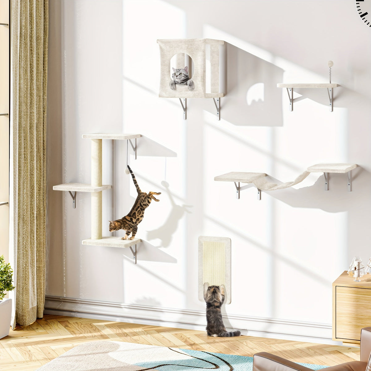 Ensemble de 5 étagères murales pour chats - Perchoir, grimpeur et pont flottants pour chats, mobilier moderne pour chats d'intérieur, alternative à l'arbre à chat avec plateforme de couchage, maison pour chat gain de place