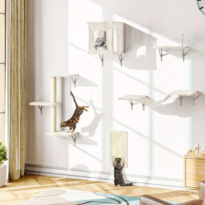Ensemble de 5 étagères murales pour chats - Perchoir, grimpeur et pont flottants pour chats, mobilier moderne pour chats d'intérieur, alternative à l'arbre à chat avec plateforme de couchage, maison pour chat gain de place