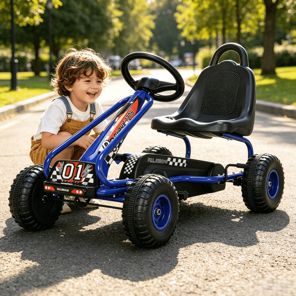 Kart à pédales pour enfants de 3 à 6 ans, voiture à pédales à 4 roues avec siège réglable, frein à main, roues antidérapantes, kart de course extérieur pour garçons et filles - Bleu, vert, rouge, rose