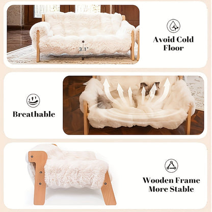 Canapé-lit surélevé pour animaux, fauteuil de repos pour chien et chat en bois massif avec tapis en bambou, meuble moderne pour petits et moyens chiens et chats, robuste et élégant, gris et blanc