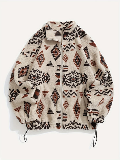 Ethnic Print Zip-Up Jacket Women's Microfleece Plush Zip-Up Jacket Tribal Pattern Fall Winter Coat with Zipper Closure High Elasticity Fleece Outerwear