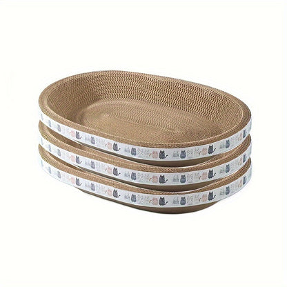 Oval Cat Scratching Board & Lounge Bed – 3-Pack Durable Cardboard Cat Scratcher with Resting Area, 3 Sizes S/M/L for Indoor Cats & Kittens, Space-Saving Flat Design