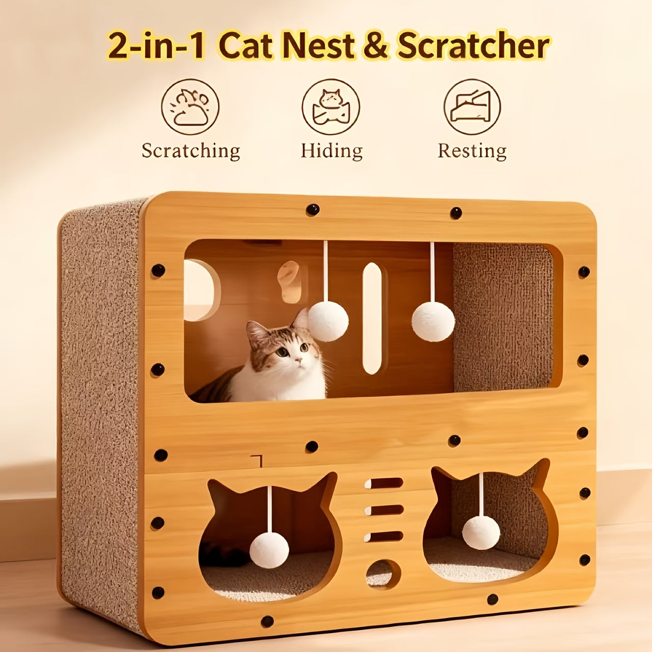 Cat Scratching Board House with Pompom Toy – Large Cardboard Cat Bed & Hideout, Holds Up to 25 Lbs, Multi-Cat Friendly, Easy Assembly, Scratch-Resistant Cat Furniture Gift for Pet Lovers