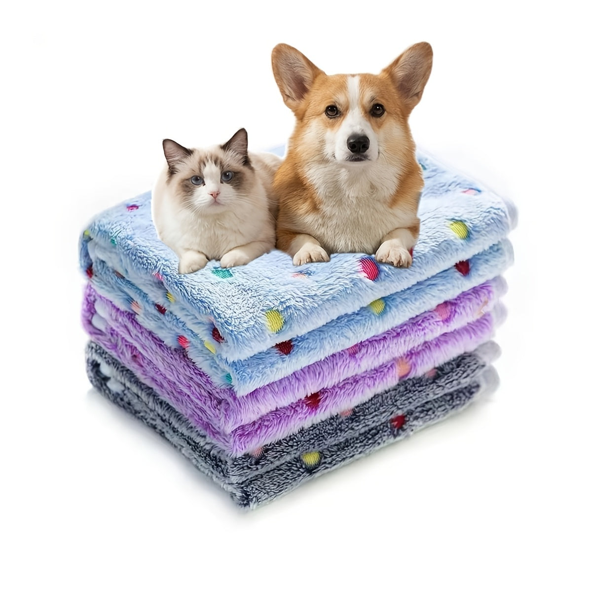 Fleece Pet Blanket 3-Pack for Dogs Cats & Puppies – Super Soft Fluffy Tear-Resistant Flannel Throw, Paw Print Brown Pink White, Machine Washable, Includes Free Pet Drying Towel