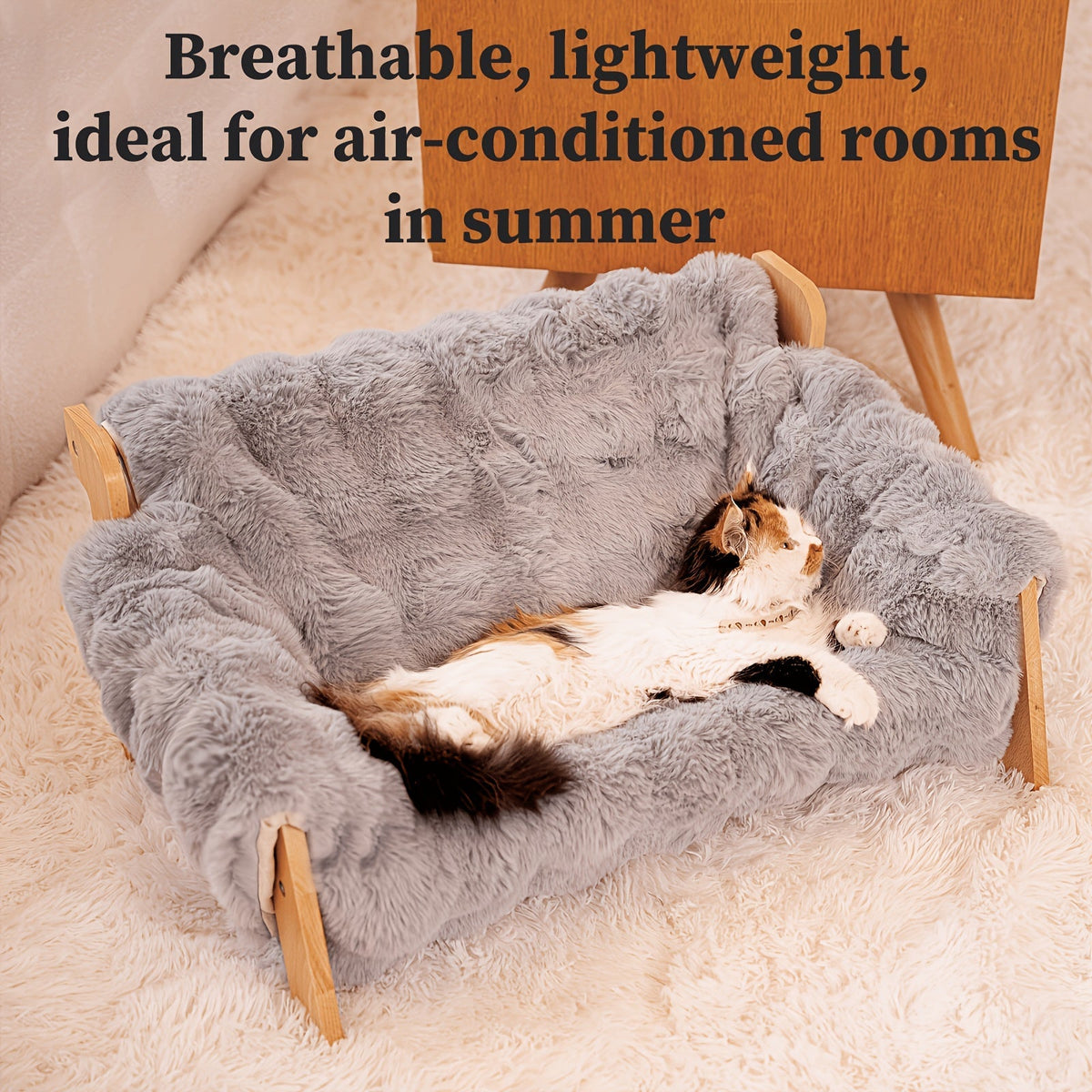 Canapé-lit surélevé pour animaux, fauteuil de repos pour chien et chat en bois massif avec tapis en bambou, meuble moderne pour petits et moyens chiens et chats, robuste et élégant, gris et blanc