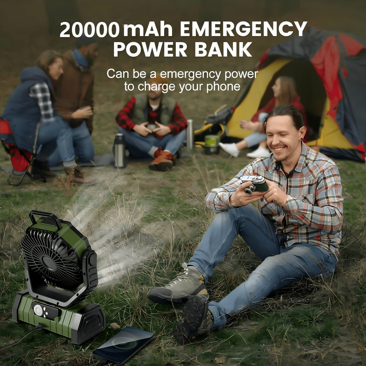 Ventilateur de camping à batterie 20 000 mAh, autonomie 59 h – Ventilateur oscillant portable rechargeable avec télécommande, 4 vitesses, éclairage LED et crochet pour tente, extérieur, terrasse, garage, coupure de courant ou ouragan