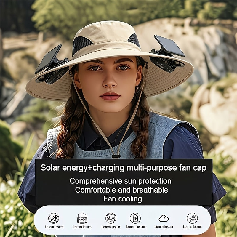 Chapeau de soleil à larges bords avec ventilateurs solaires – 2 ventilateurs solaires intégrés, vitesse du vent réglable, maille respirante, chapeau d'extérieur anti-UV avec mentonnière pour la pêche, le camping et les voyages