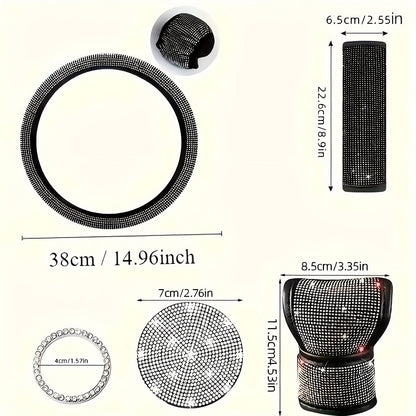 Ensemble d'accessoires de voiture 8 pièces en strass pour femme – Housse de volant, sous-verres, coussinets de ceinture de sécurité, anneaux de démarrage et housse de pommeau de levier de vitesse, 7 couleurs, kit intérieur à paillettes scintillantes