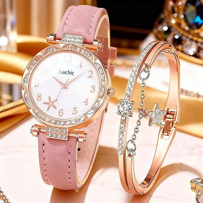 Coffret montre cœur orné de strass pour femme – 2 montres à quartz avec bracelet en similicuir, ensemble de montres-bracelets or rose et rose, idée cadeau pour la Saint-Valentin, les anniversaires et les fêtes