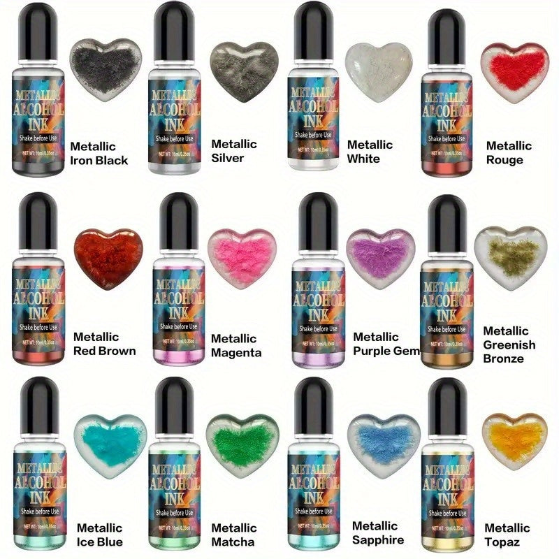 Ensemble de 12 encres à alcool métalliques pour art en résine époxy – Pigment pailleté concentré pour créations en résine type boîte de Petri et gobelets, 10 ml par flacon