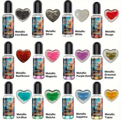 Ensemble de 12 encres à alcool métalliques pour art en résine époxy – Pigment pailleté concentré pour créations en résine type boîte de Petri et gobelets, 10 ml par flacon