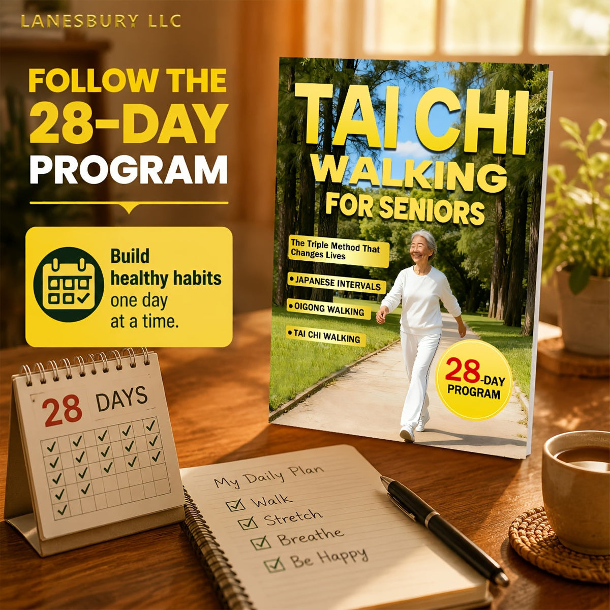 Marche Tai Chi pour les seniors - Perte de poids sans effort et soins doux avec la méthode triple sur 28 jours, intervalles japonais et marche Qigong, guide de fitness à faible impact pour les adultes âgés