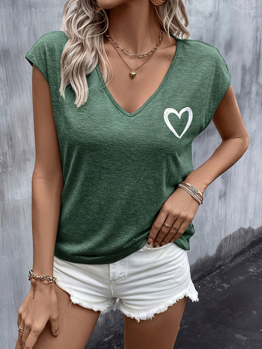 T-shirt décontracté à col en V, manches chauve-souris et motif cœur pour femme, haut en maille ample et mignon pour le quotidien