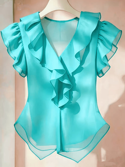 Haut femme en mousseline à manches courtes et volants – Chemisier d'été décontracté coupe évasée, couleur unie, disponible en 21 coloris, 100 % polyester tissé
