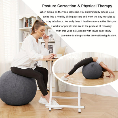 Chaise ballon d'exercice 65 cm avec housse en tissu, ballon de yoga anti-éclatement pour bureau, Pilates, renforcement musculaire, grossesse et accouchement – Améliore la posture et soulage les maux de dos, Gris & Noir