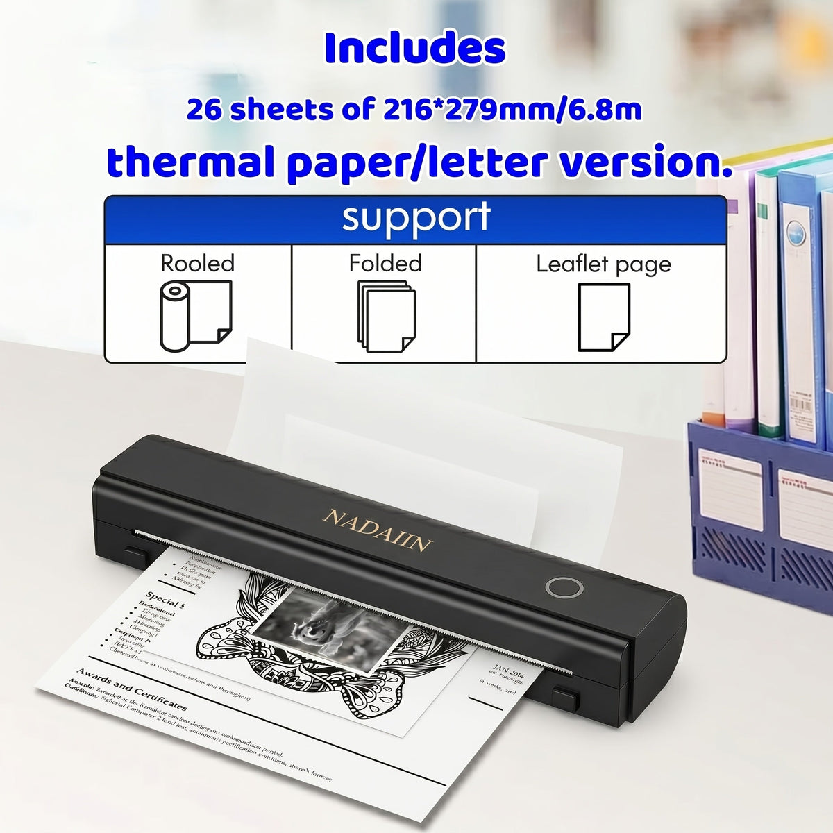 Imprimante thermique portable sans encre A4 avec bac à papier, imprimante mobile sans fil prenant en charge le format lettre 8,5x11 et A4, compatible avec iPhone, Android, ordinateur portable, maison, bureau, école, voyage