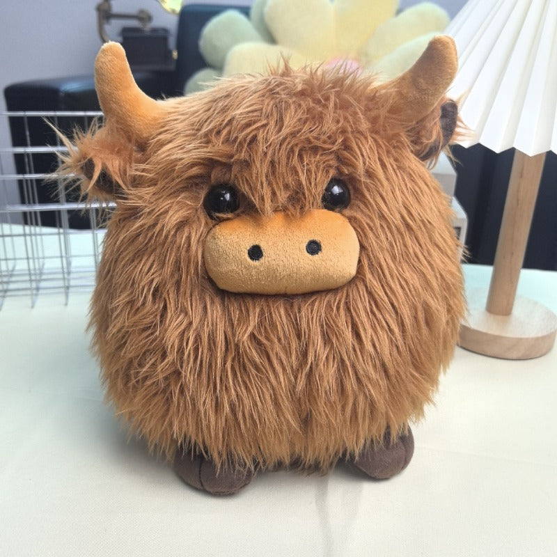Jouet pour chien en peluche vache écossaise mignonne – Jouet à mâcher rond et duveteux en forme d'animal pour chiens et chats, peluche douce et couineuse pour soulager l'anxiété, jeu interactif et mastication pour chiots et petits animaux