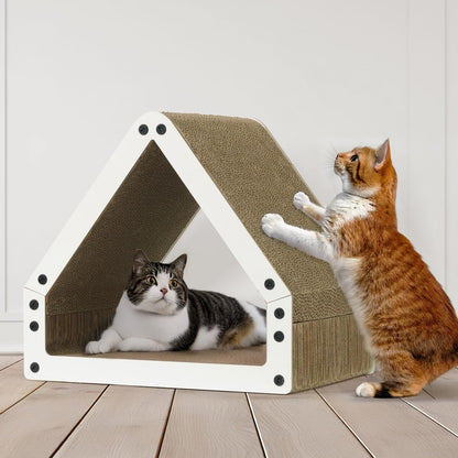 Griffoir et transat pour chat en forme de grande maison – Griffoir réversible en carton à 5 couches, 40,6 x 35,6 x 30,5 cm, protège les meubles, pour chats d'intérieur de toutes tailles, marron/blanc